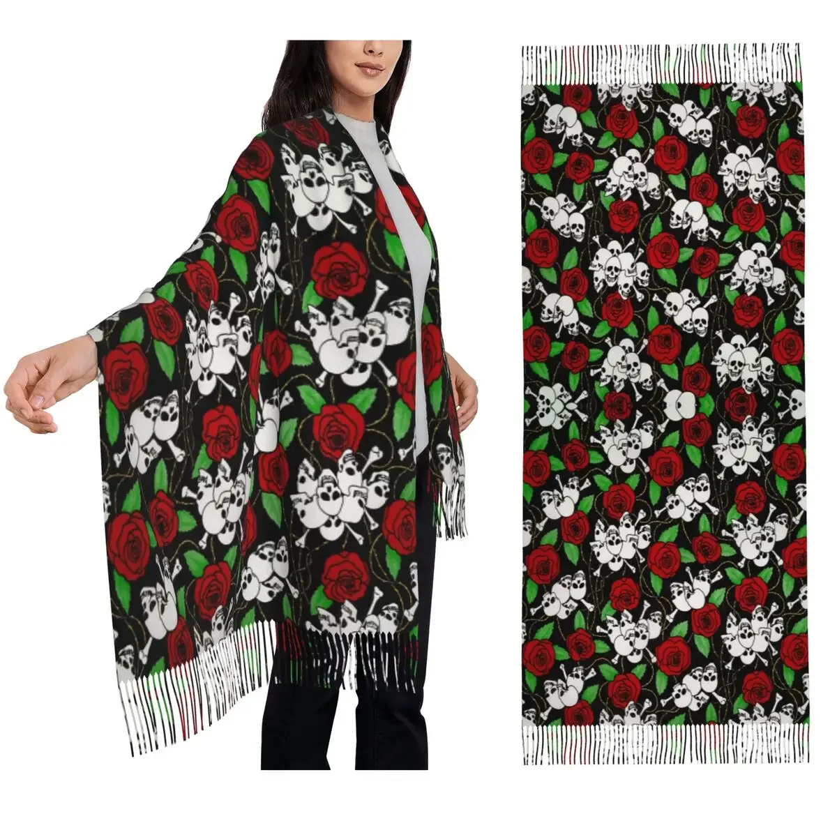 Customization Skull Floral Rose Thorn Gothic Scarf Tassel Scarves Women Soft Warm Shawls And Wraps Large Fall Winter Shawl Wrap