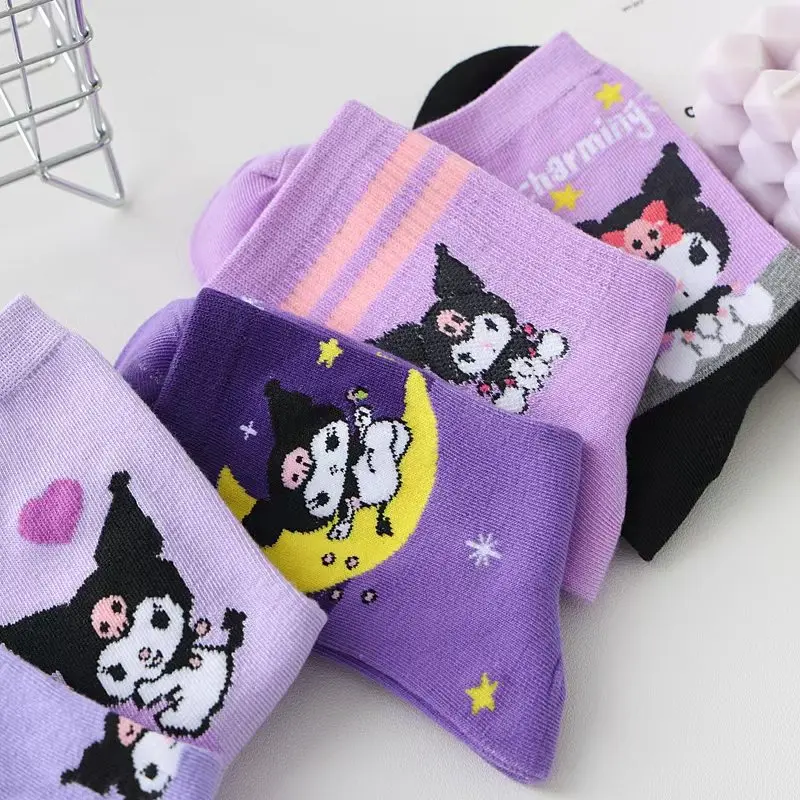 Sanrio Kuromi Girls Socks Cute Little Witch Stockings Purple Combed Women's Exquisite Cotton Cute Cartoon Sports Mid-tube Socks