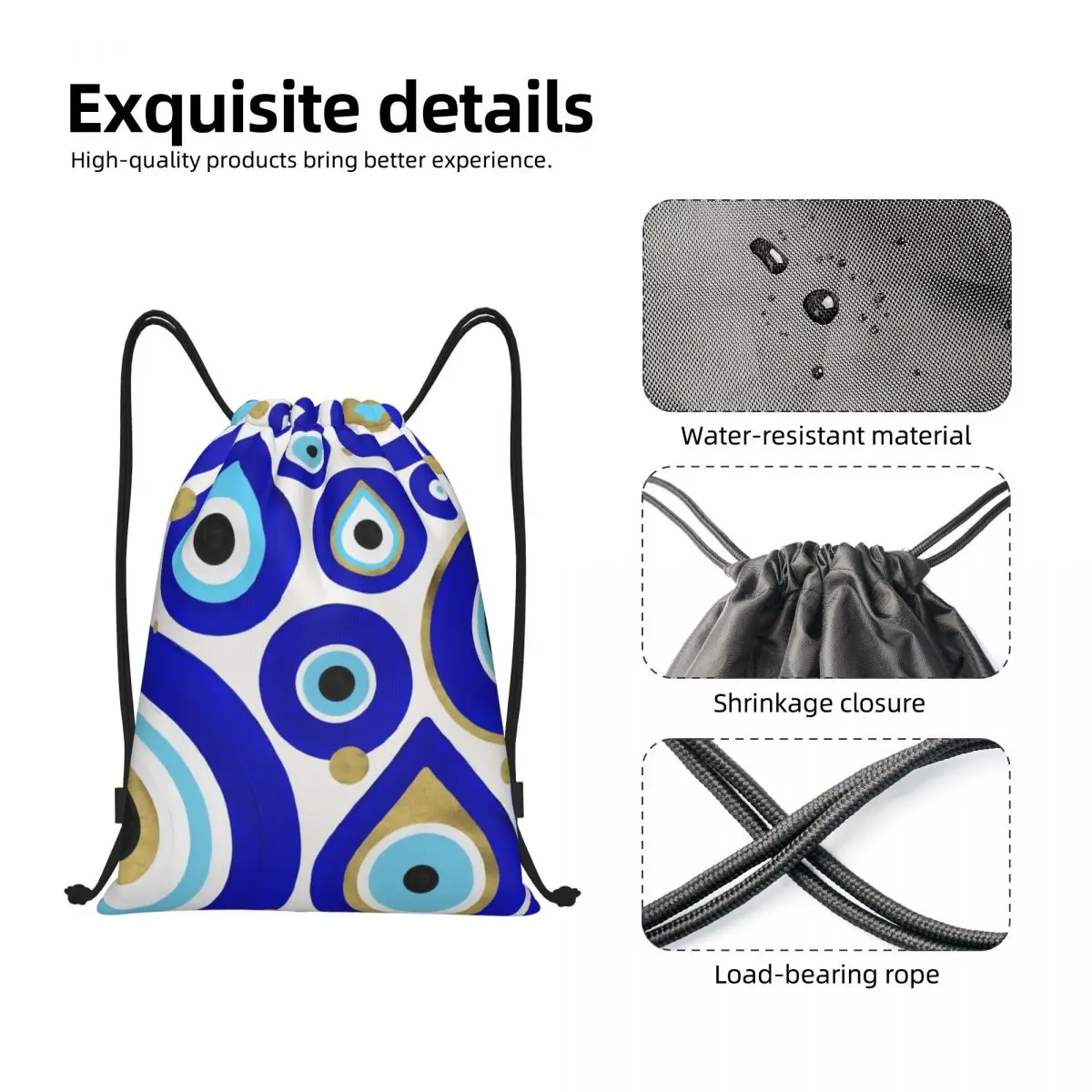 Evil Eye Charms On White Drawstring Bag Women Men Portable Sports Gym Sackpack Moroccan Nazar Shopping Backpacks