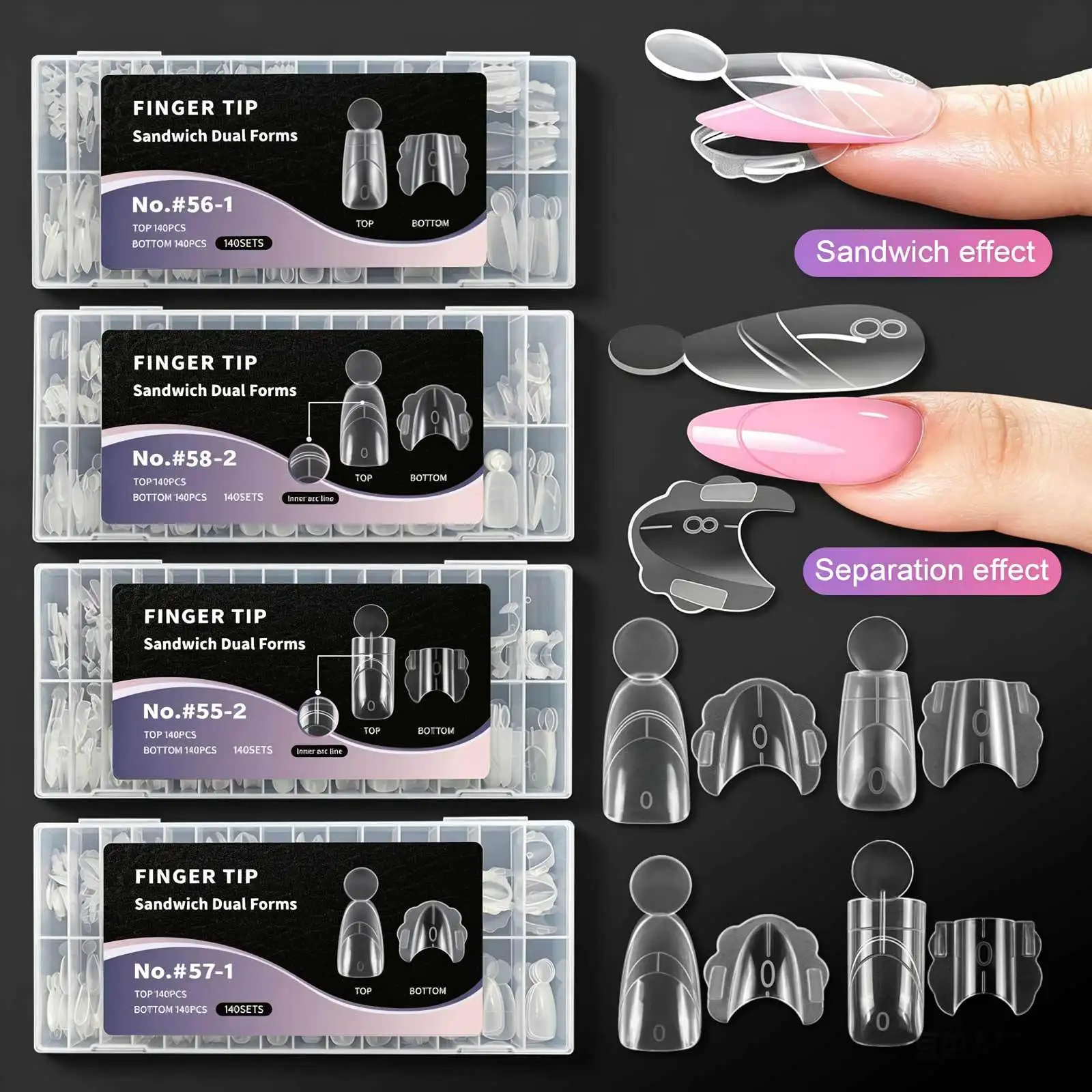 140pcs Short Sandwich Dual Nail Extension Forms Almond Crystal Tips with Inner Curve for Acrylic&UV Gel Nail Quick Extension