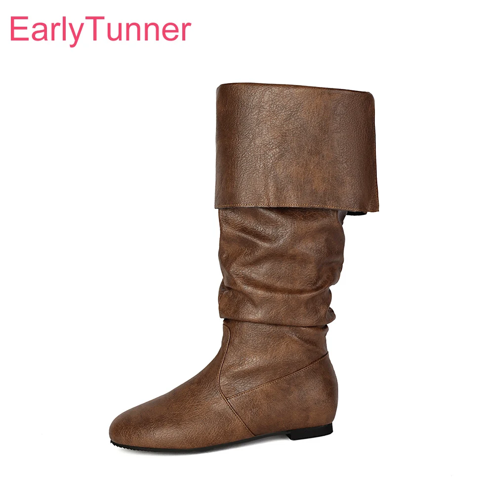 

2025 New Winter Fashion Brown Khaki Women Mid Calf Boots Round Toe Flat Office Lady Dress Shoes Plus Big Size 43 45 48