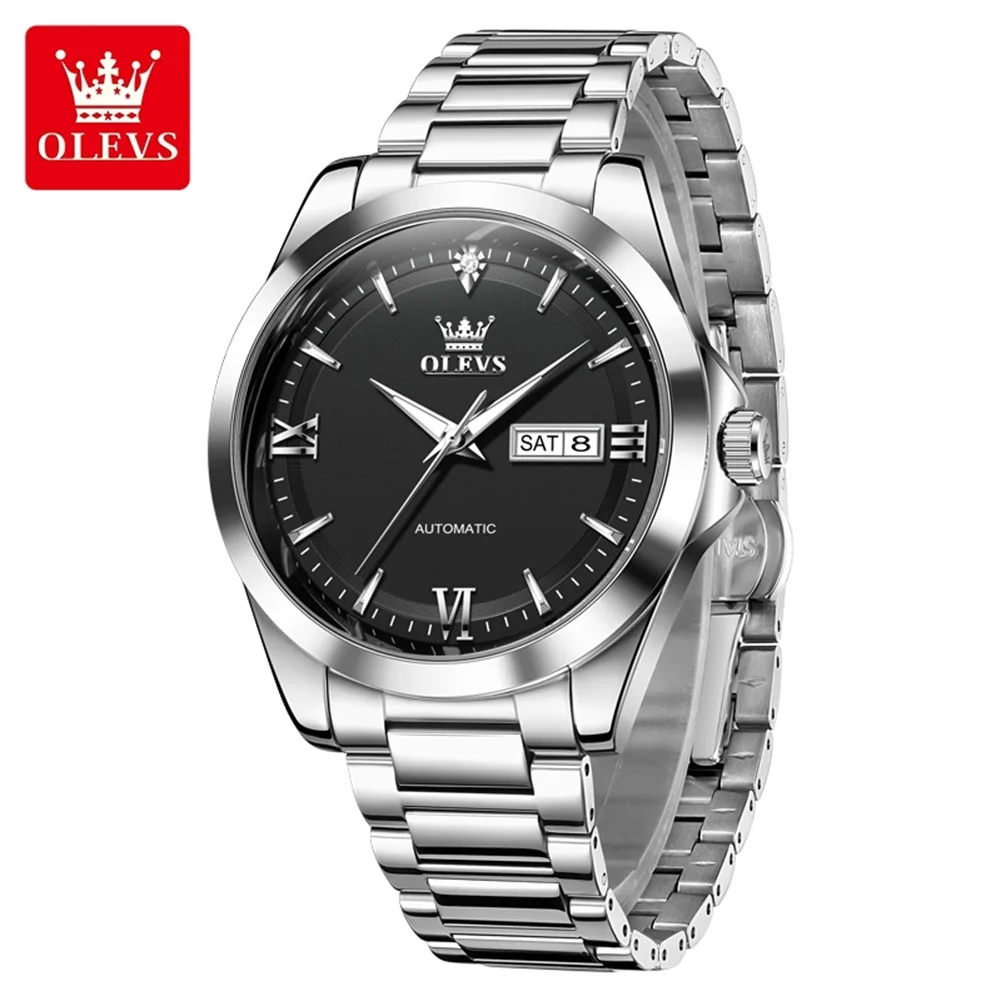 OLEVS 7099 Men Automatic Mechanical Watch Green Dial Week Date Display Stainless Steel Strap Luxury Business Wristwatch