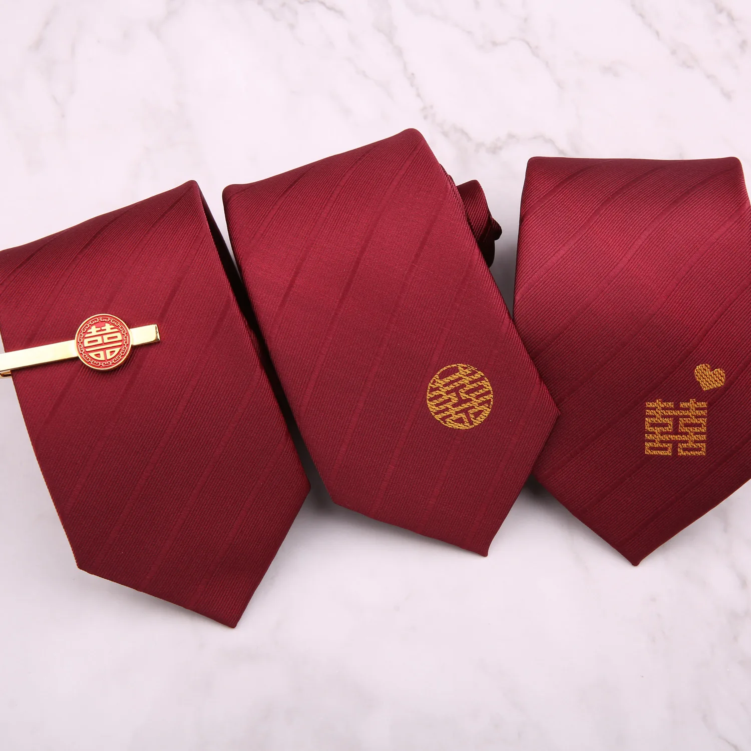 Men's wine red tie, formal wedding, Korean version, wedding groom, zipper, lazy style, happy character tie