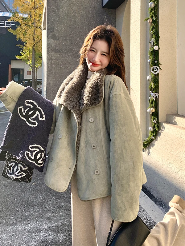 Ladies ort Thiened Fce Lined Lamb Fur Jaet Warm Casual Sle Women's Coat Korean Version Cotton Clothes Top