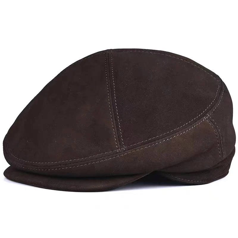 Suede Beret Caps For Men Novelty Spring Short Brim Genuine Leather Soft Gatsby Hat Male Yellow Coffee Diamond Boina Hombre