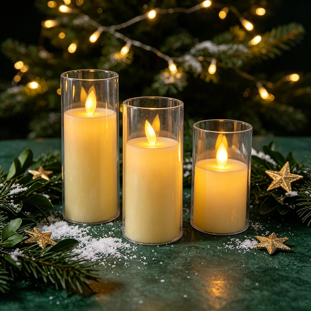 3pcs/set Simulation Glass Candle Light, Warm Light, LED Swinging Flame Candle, Christmas, Wedding, Birthday Home Decoration