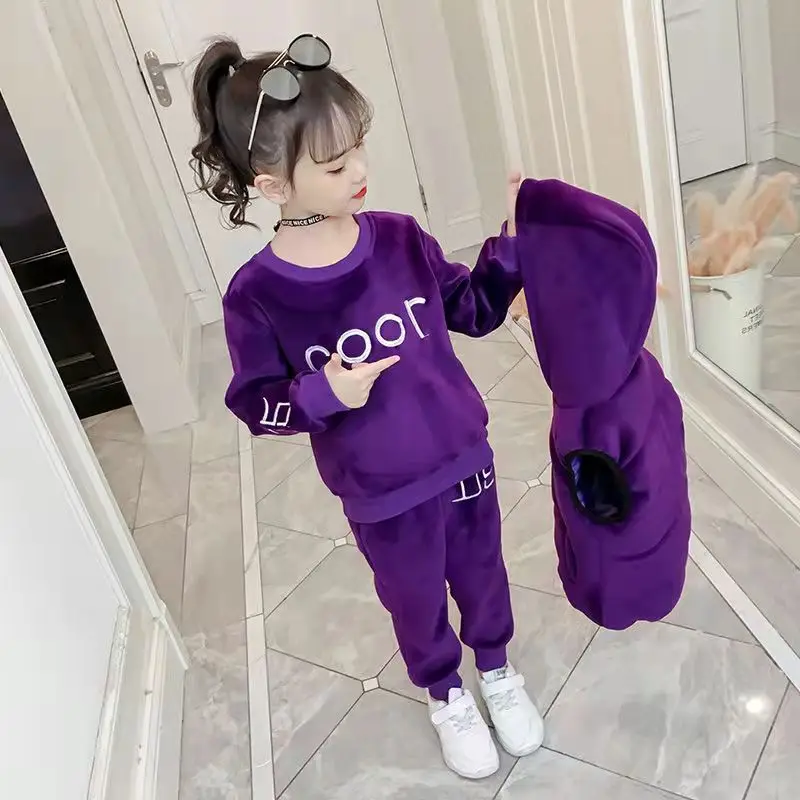 2025 Autumn winter girls tracksuit Toddler Teenager Cloth spring velvet jacket + hoodie + Pant Children set 4 8 9 10 11 12 year