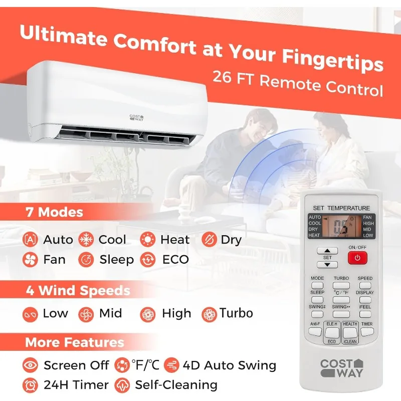 COSTWAY 12000BTU Mini Ar Condicionado e Aquecedor Dividido, 20 SEER2 115V Unidade de CA sem dutos montada na parede enfrenta salas de até 750 m2. Pés