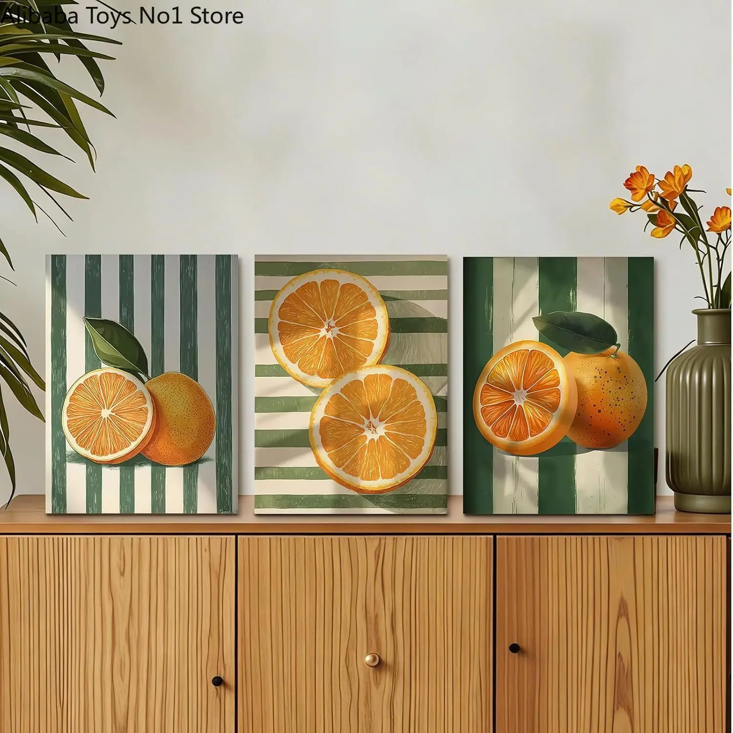 3Pcs Fresh Orange Canvas Wall Art Striped Citrus Fruit Artwork for Farmhouse Kitchen Decor
