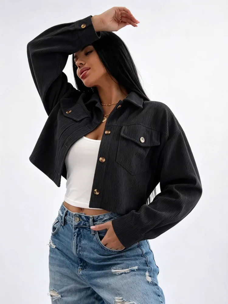 Fashion Autumn Winter New Versatile Women Corduroy Cropped Shacket Long Sleeve Flap Pocket Lapel Button Casual Outerwear Top