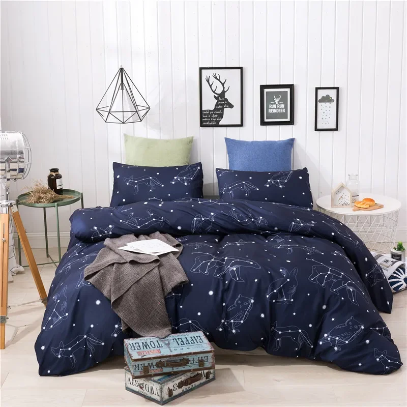 2-3pcs Duvet Cover+Pillowcase Set Blue Red Star Moon Print Double Single Full King AU/EU/USA Bedclothes Home Textile No Sheet