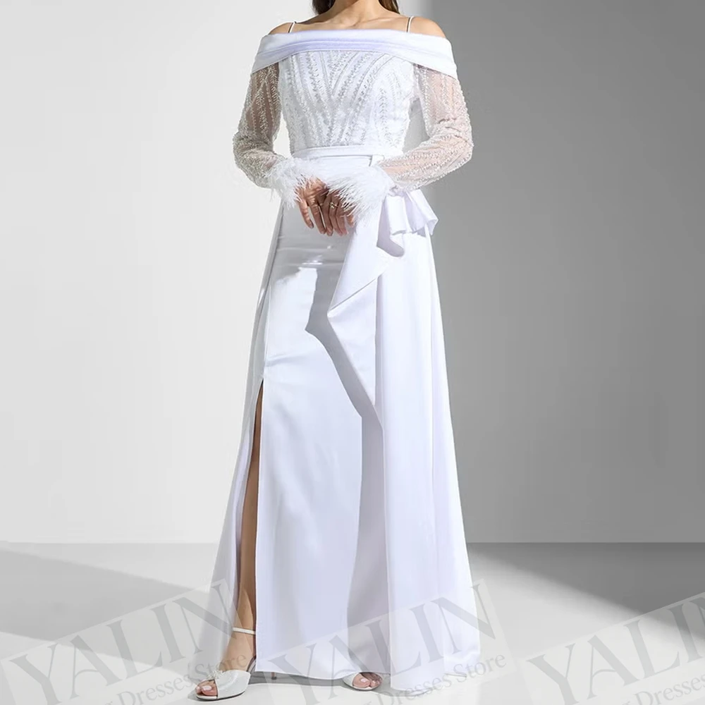 

Women's A-line Evening Dresses Floor-length Spaghetti Strap Full Sleeve Prom Gown Fashion Beading Simple Draped Customized Gowns