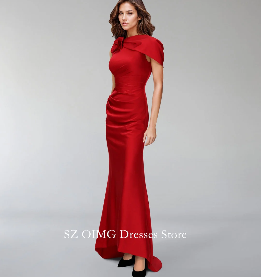 OIMG Satin Classic Red Prom Dresses Sleeveless Dress with Side Capelet and 3D Flowers  Women Evening Gowns Formal Party Dress