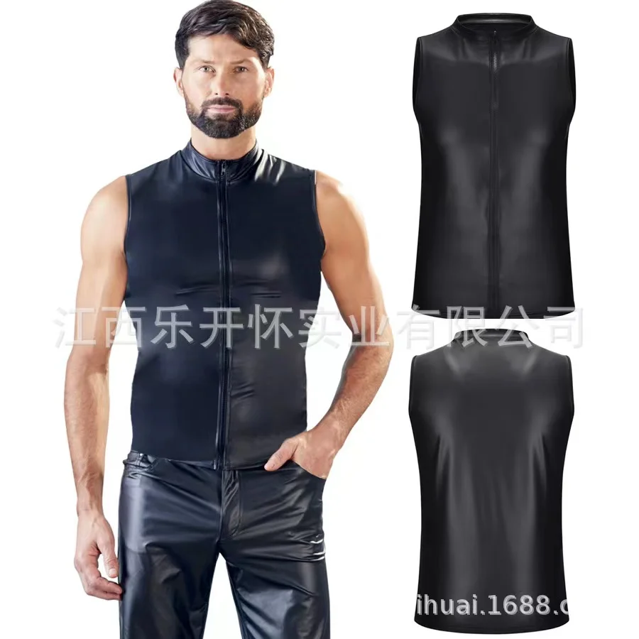 Mens Underwear Jumpsuits Patent Leather Catsuit One-piece Bodysuit Clubwear Stage Leotard Zipper Open Crotch Wrestling Singlet