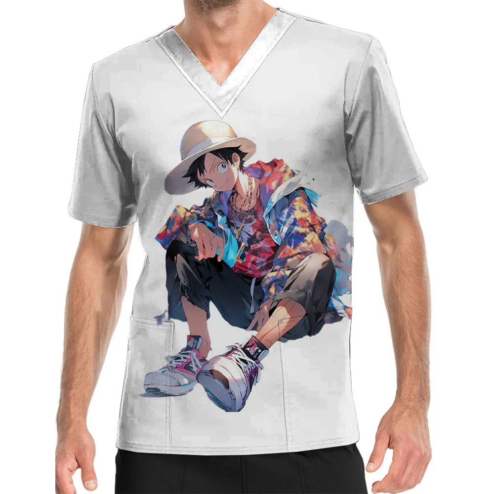 New One Piece Anime Print V-Neck Print Scrub Top Men's Playground Oceanarium Anime Exhibition Men's Work Uniform