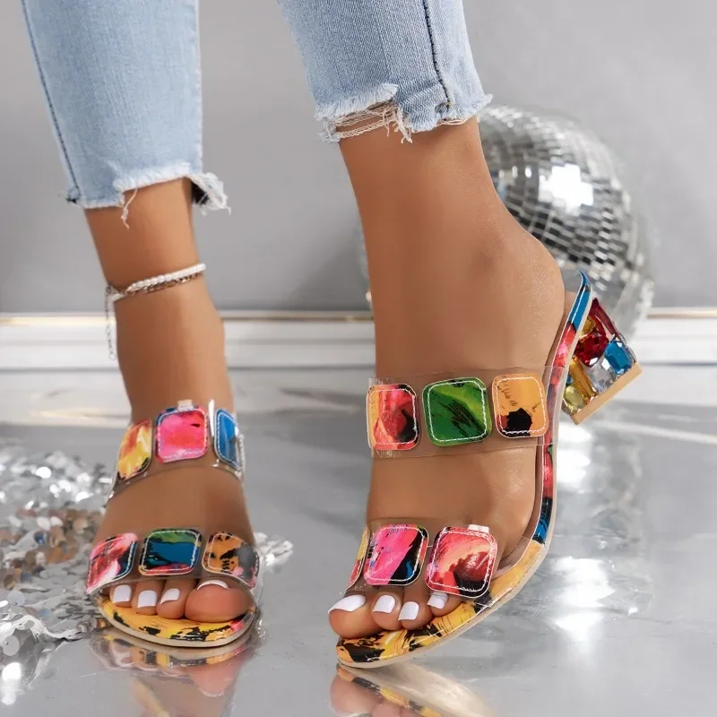 

Женская пляжная обувь с открытым носком, сандалии на квадратном каблуке, лето 2024