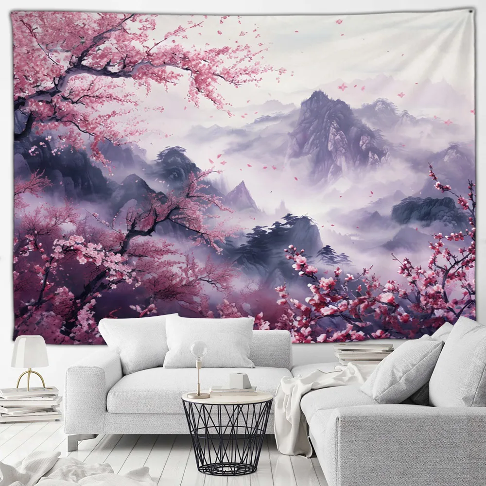 Japanese Landscape Tapestry Pink Cherry Blossom Flowers Misty Mountain Asian Scenery Home Living Room Bedroom Decor Wall Hanging - Detail 1