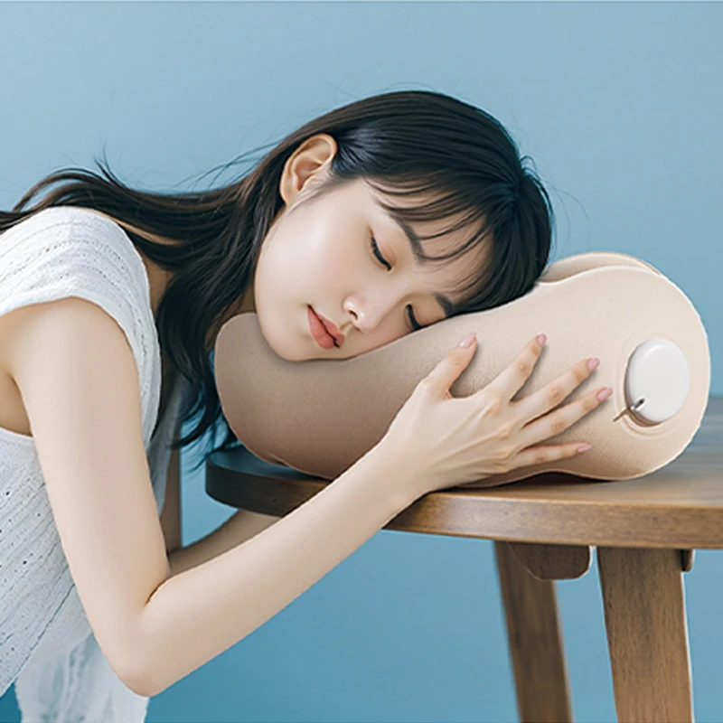 Portable Inflatable Neck Pillow Adjustable U-Shaped Pillow with Compression Storage Ergonomic Support for Office Nap Car Trip
