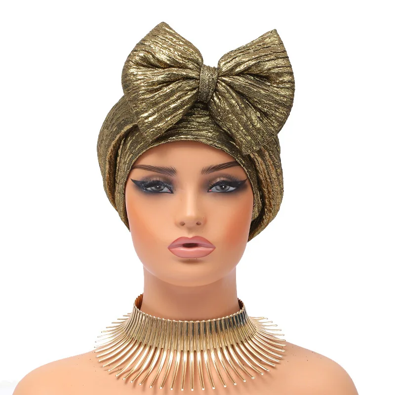 

Sweet Bowknot Turban Cap for Woman Shiny African Heatie Head Wrap Bonnet Party Headpiece Turbante Mujer Muslim Headscarf Hat