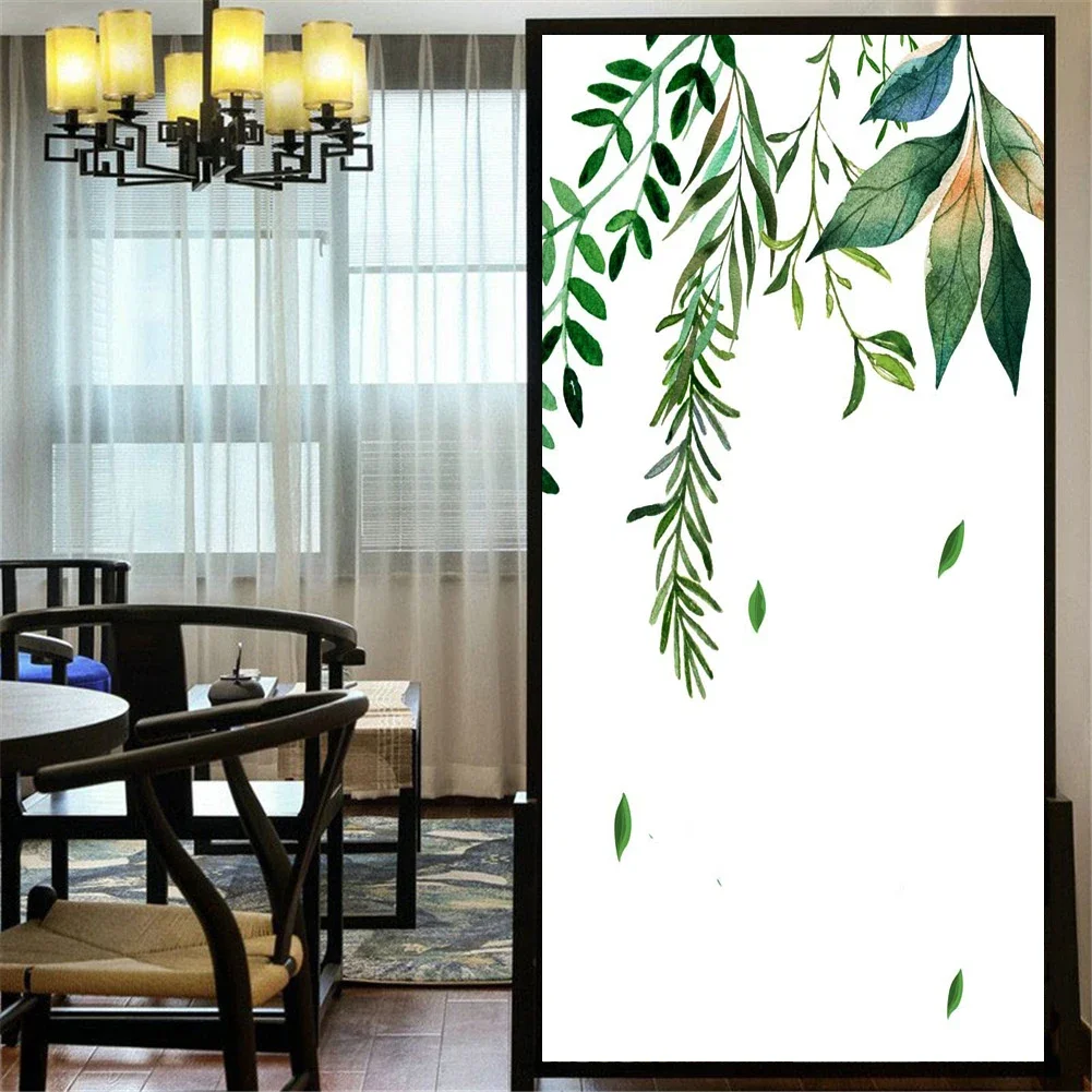 Static Cling Privacy Windows Film Decorative Green Plants Leaves Stained Glass Window Stickers Frosted Window Film