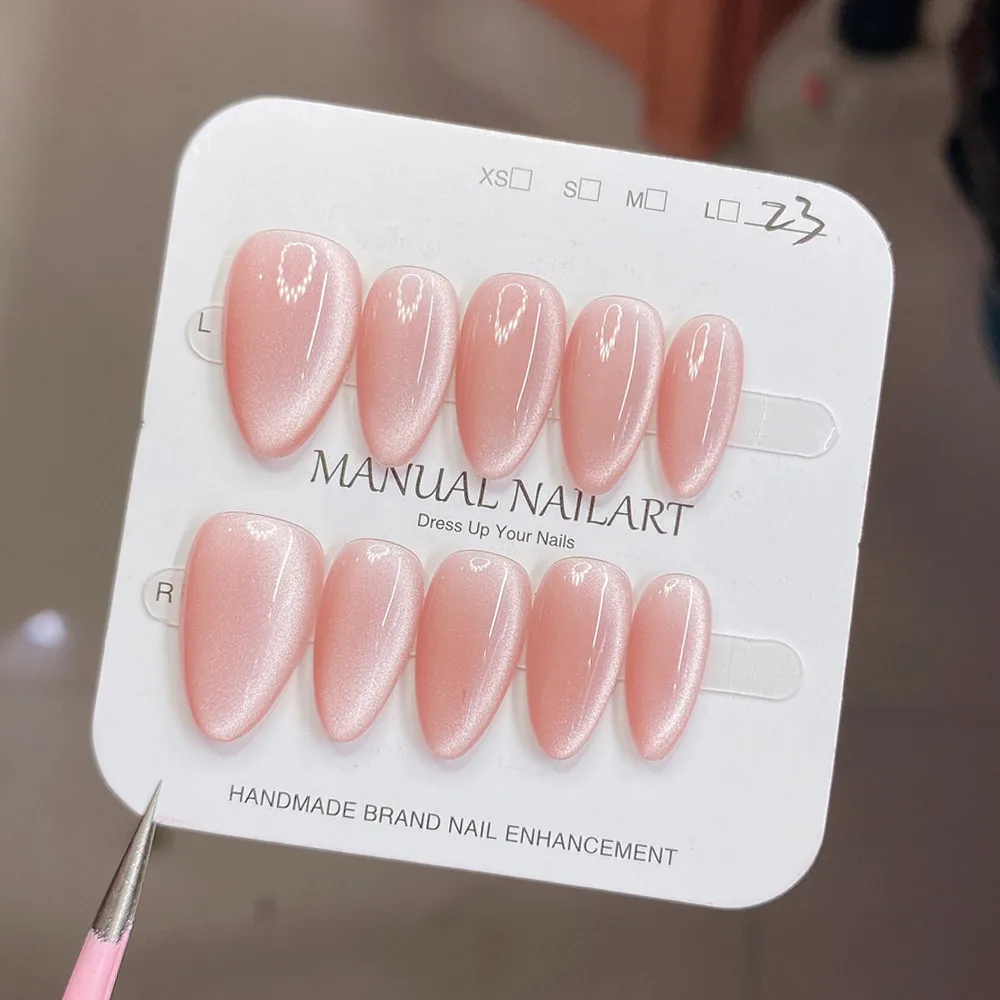 10Pcs Handmade Nails in Soft Almond Shape with Pink Cat Eye Shimmer Finish Press-On Nail Tips for Women Girl False Nail