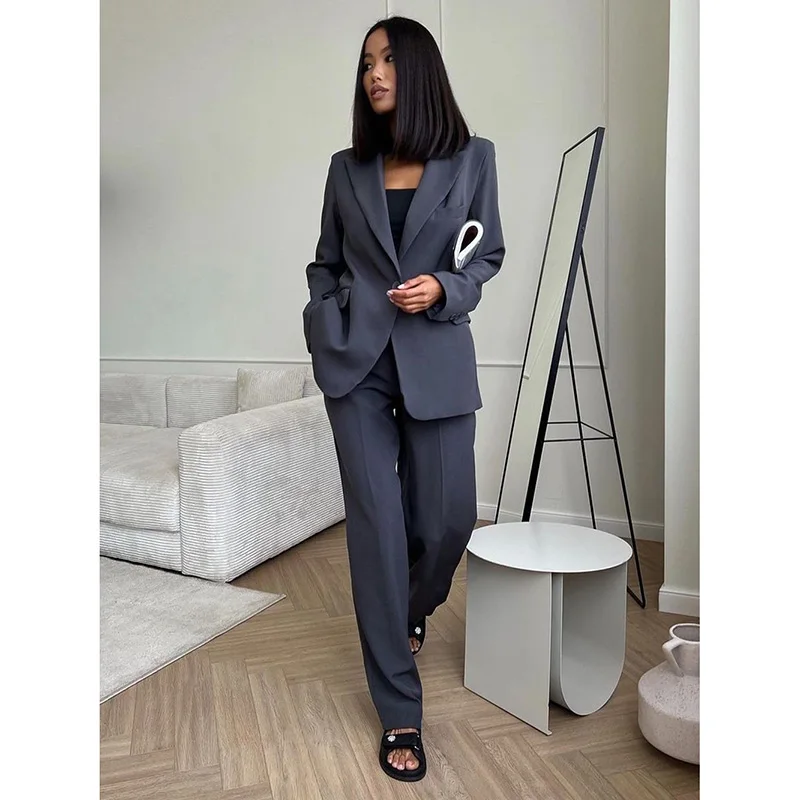 High-end Texture Office Lady Suit Coat Set Fashion Simple Solid Commuter Wear V-neck Vest Loose Wide-leg Pants Three-piece Set