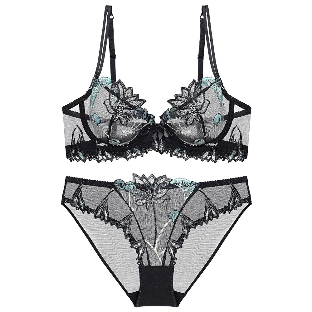 

Sexy Lace Flowers Embroidery Bra Set Ultra Thin Breathable Steel Ring Bralette Lingerie French Underwear Set70-90 B C D