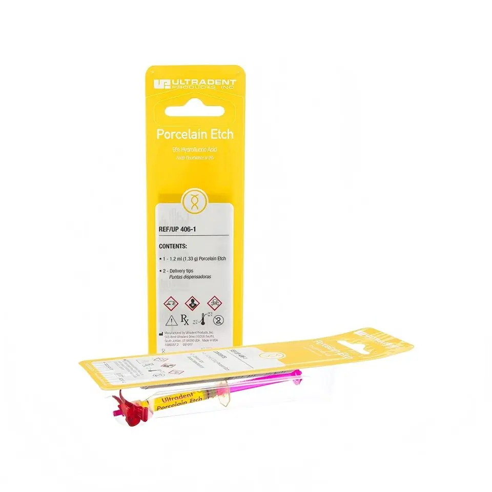 

ULTRADENT Porcelain Etch Gel 1.2ml Hydrofluoric Acid for Dental Ceramic Veneer Crown Bonding Pre-treatment with 2 Tips Fast Etch