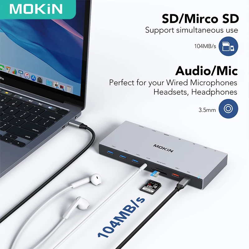 MOKiN Station d'accueil USB C 4K 60Hz HDMI DP USB 3.0 100WPD USB-C 10Gbps Triple affichage 3 moniteurs pour Windows MacPleSurface