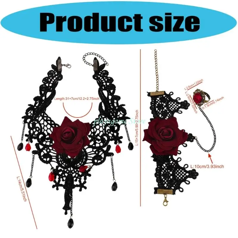 Y88A 2pcs Gothic Lace Choker Necklace Finger Rings Bracelet Halloween Costume Accessories Jewelry for Women Girls Gift
