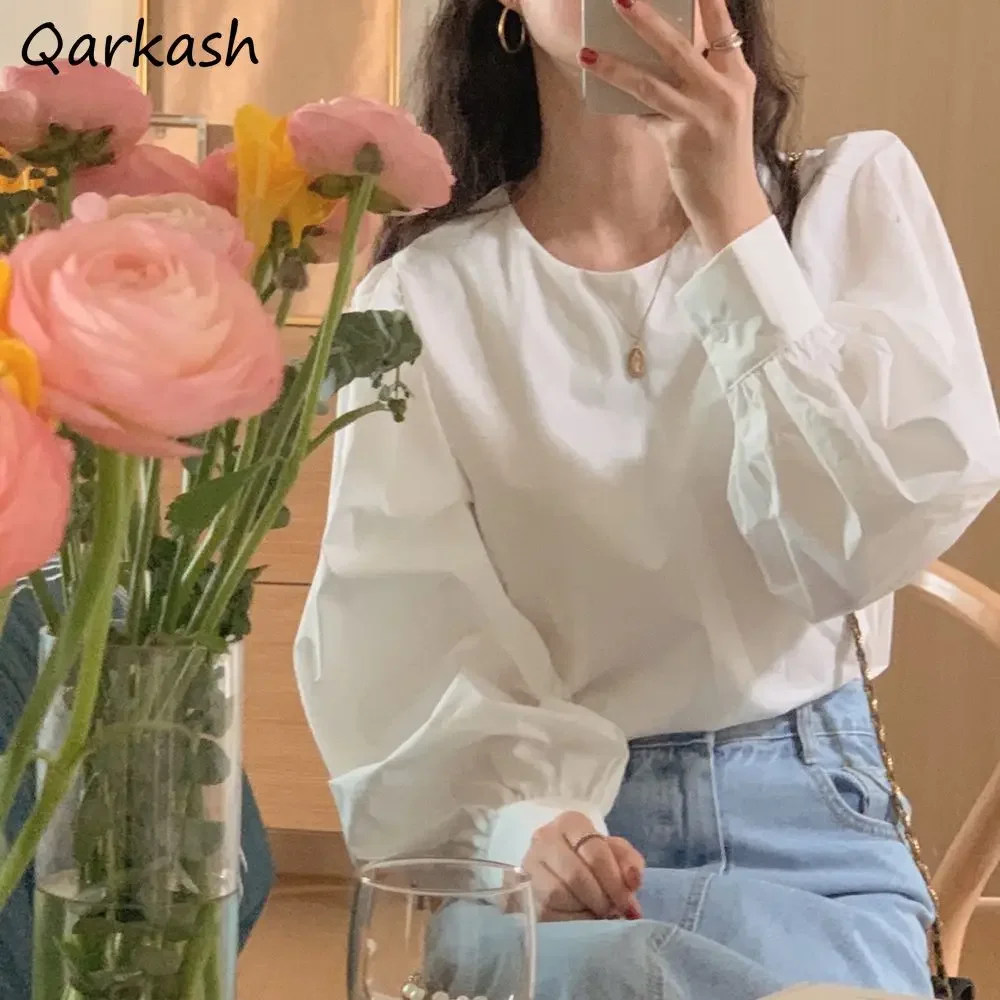 

Blouses Women Elegant Pure Color Spring French Style Simple Long Sleeve O-neck Femme Leisure Retro Popular All-match College Ins