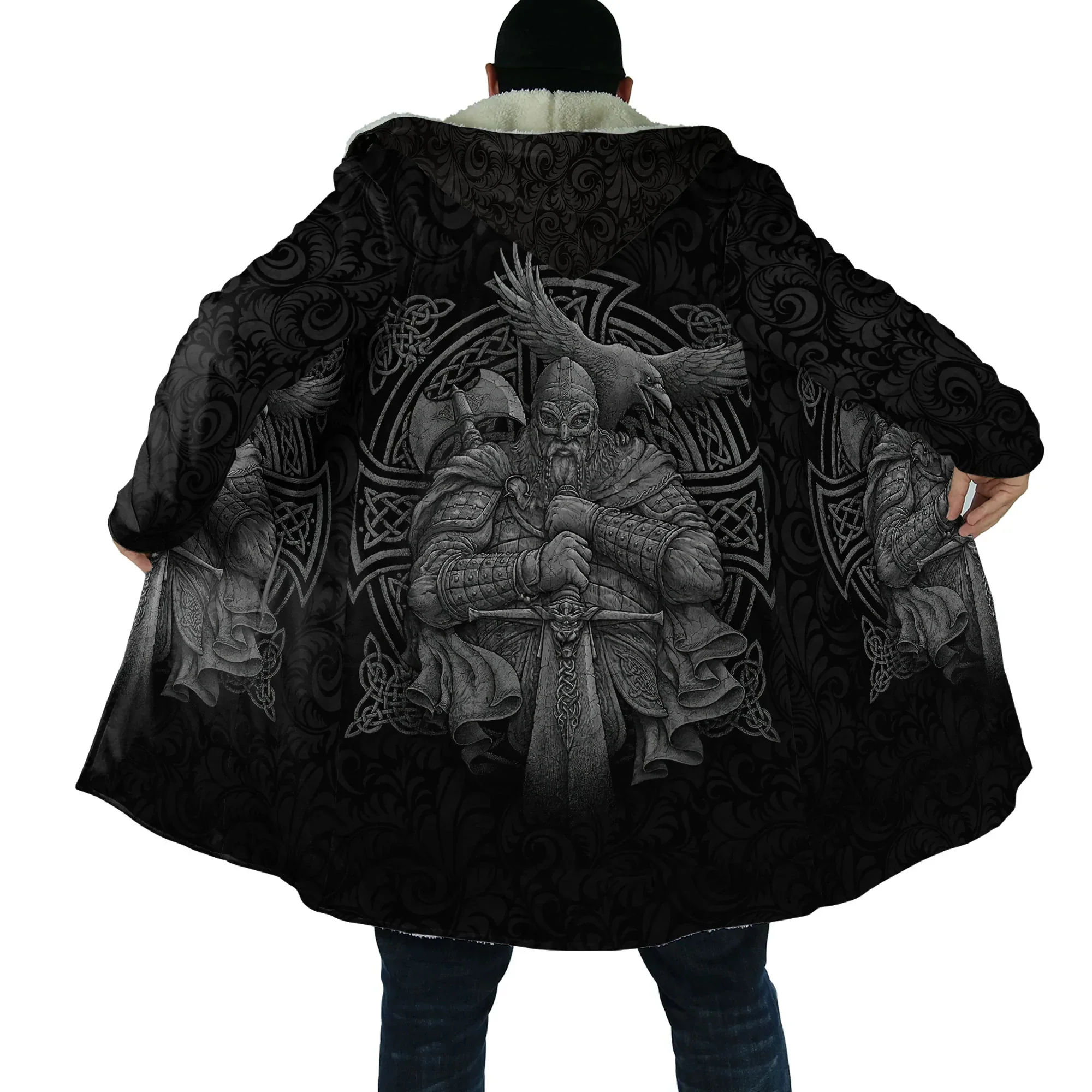 

Winter Men's Hoodie Cape Fenrir Vedvisir Runes Raven Tattoo 3D Print Thick Wool Hooded Coat Unisex Casual Warm Hooded Cape Coat