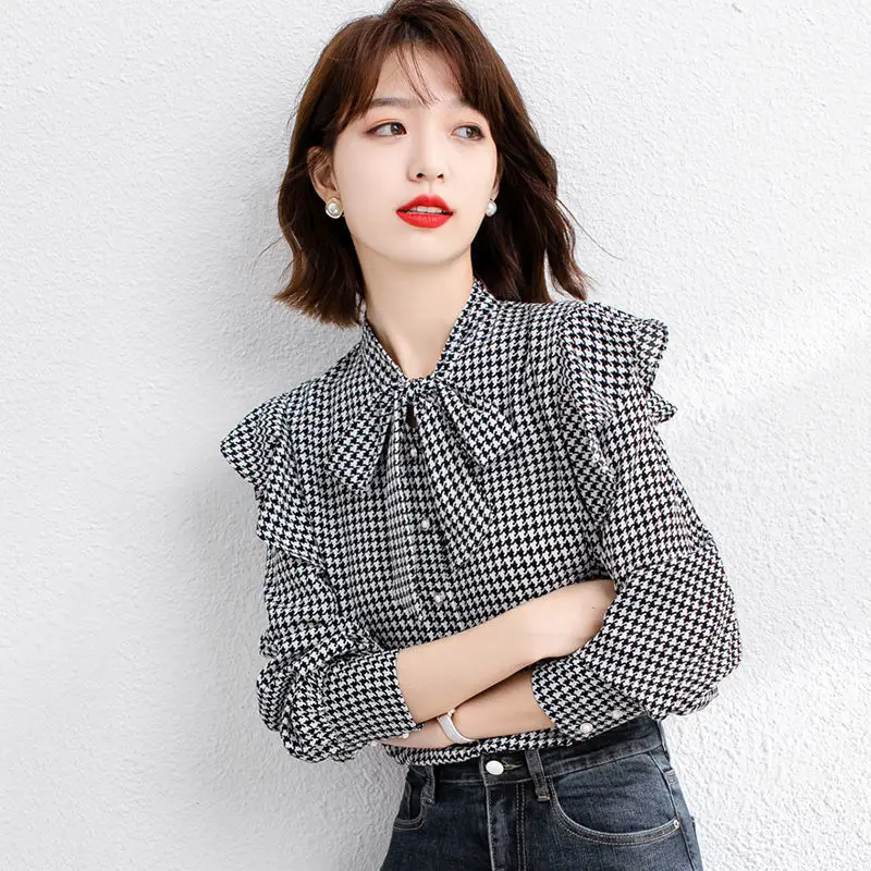 Sweet V-Neck Printed Ruffles Lace Up Bow Houndstooth Shirt Female Clothing 2022 Autumn New Casual Tops Loose Office Lady Blouse