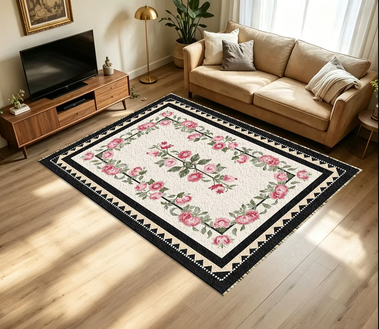 Vintage Pink Rose Floral Frame Carpet Flooring Black Geometric Border Printed Floor Rug for Household Living Room Classic Home Art Decoration