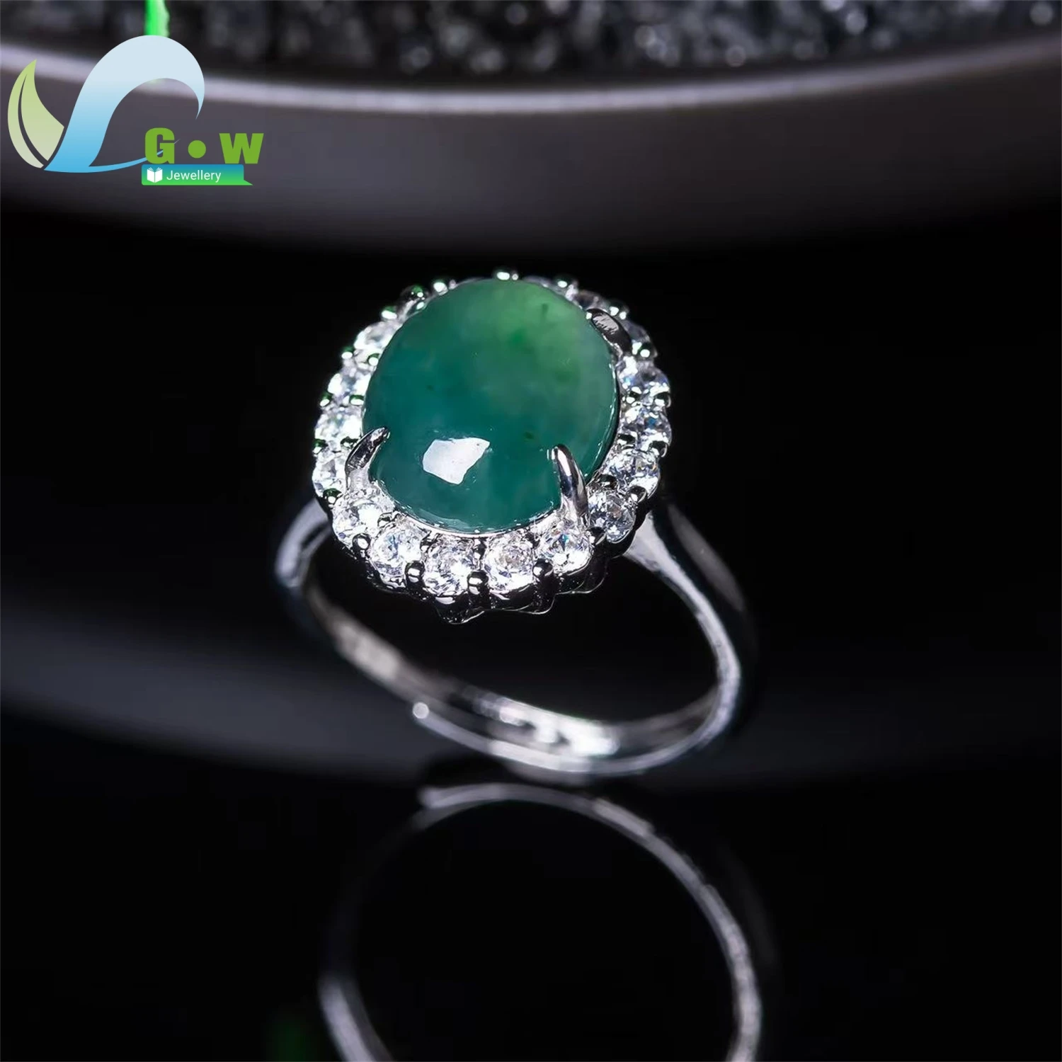 Natural A Grade Blue Water Jadeite Lake Green Ring Elegant Chunky Band Women's Exquisite Retro Ethnic Style Jewelry Gift