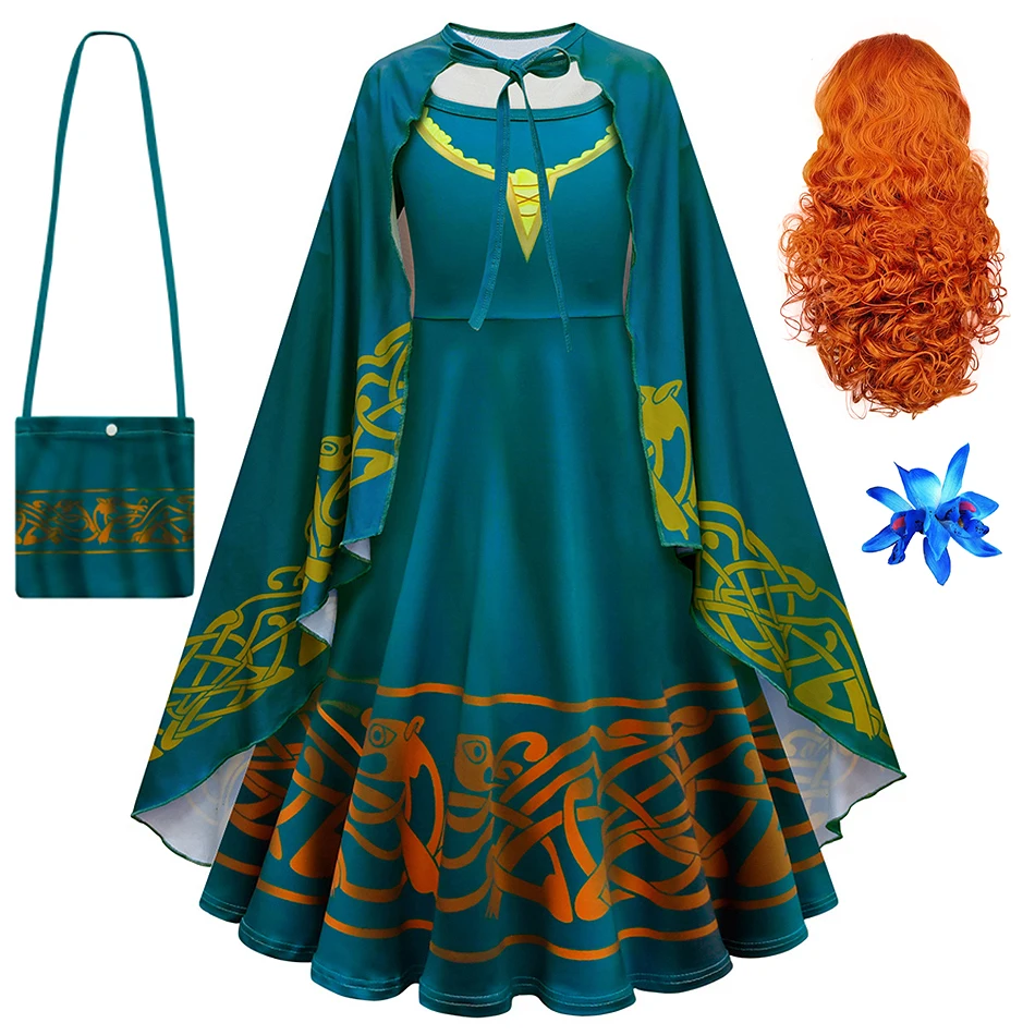 Merida Girls Cosplay Princess Dress Child Long Sleeves 3D Print Costume Kid Halloween Carnival Birthday Masquerade Party Clothes