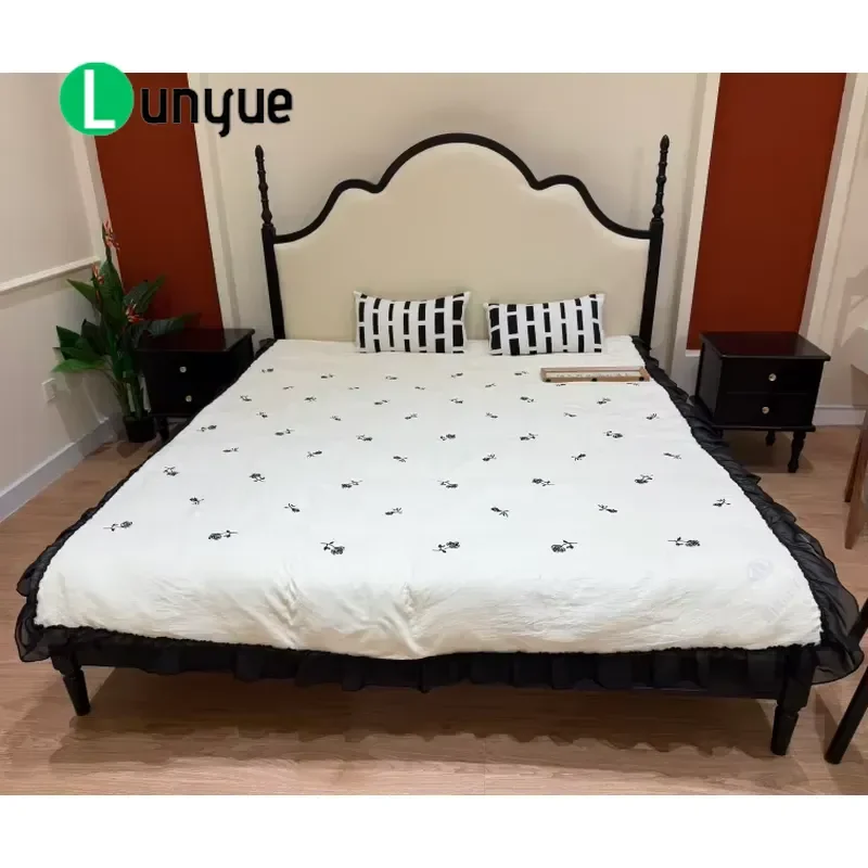 Modern Cloud Shaped Solid Wood Upholstered Platform Bed Beige Headboard Black Wood Grain Trim Contemporary Bedroom Furniture