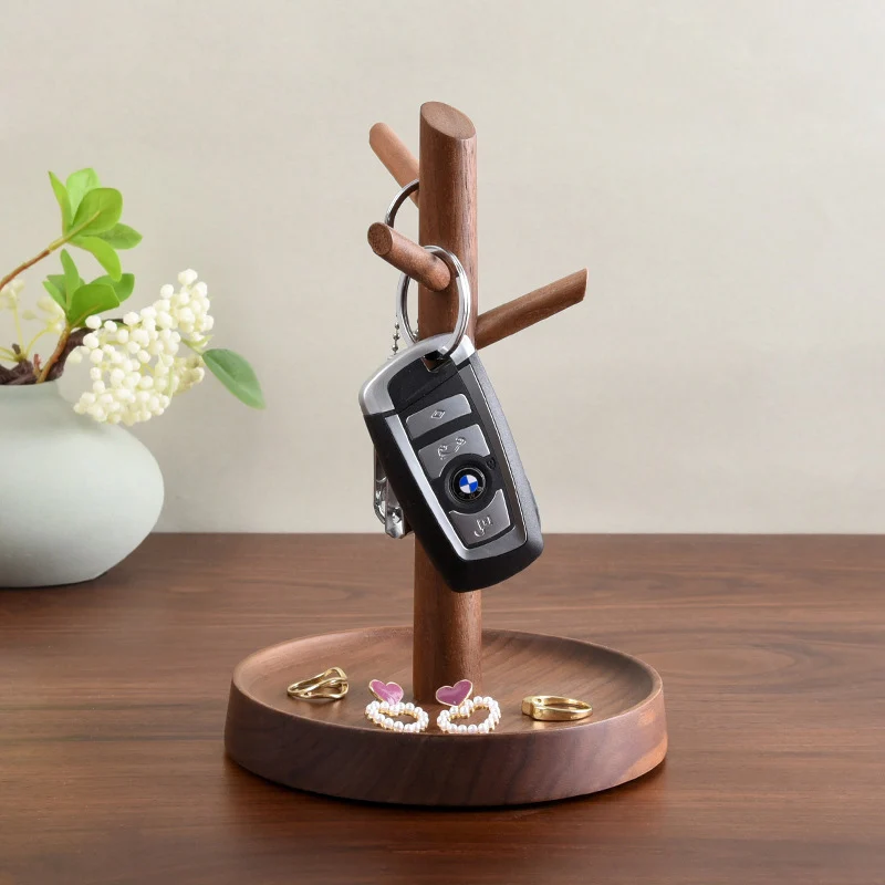 Natural Walnut Wood Branch Key Holder Multi Hook Organizer with Base Tray Entryway Dresser Key Jewelry Small Item Storage Decor