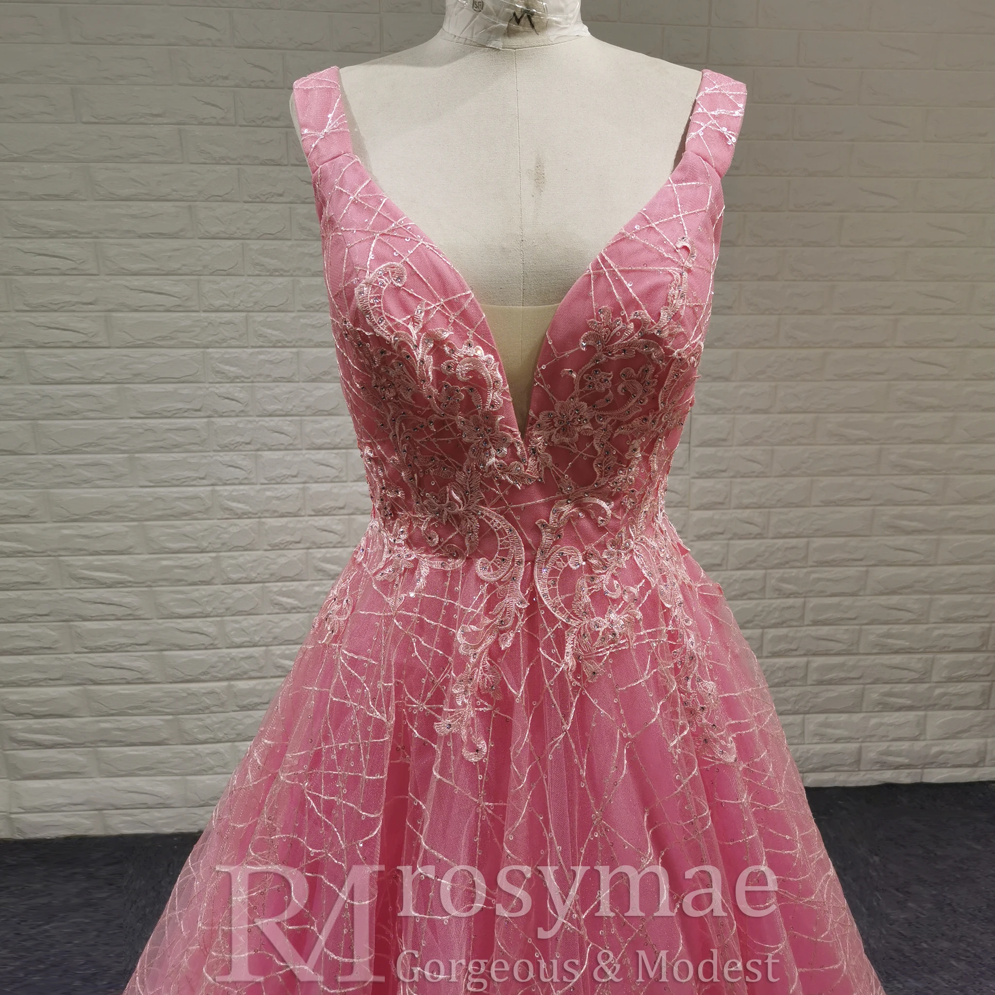 Rosymae Pink Prom Dress Elegant A-Line V-Neck Open Back Design Sparkling Gown with Chapel Train for Prom Weddings Formal Events