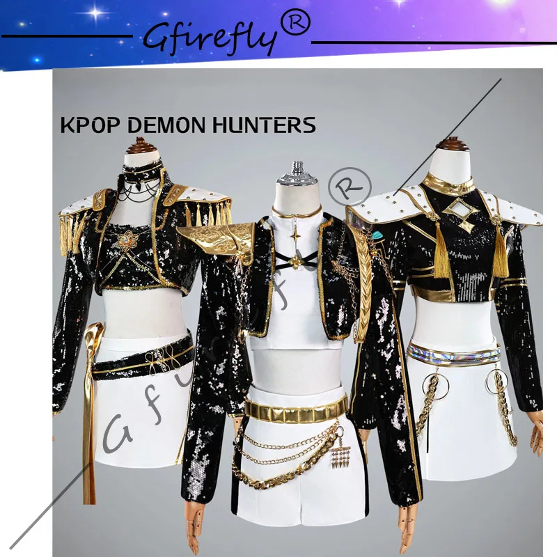 K-pop Demon Hunters Cosplay Nero e Oro Performance Outfit Rumi Mira Zoey Cosplay Set completo Costume di scena di ruolo