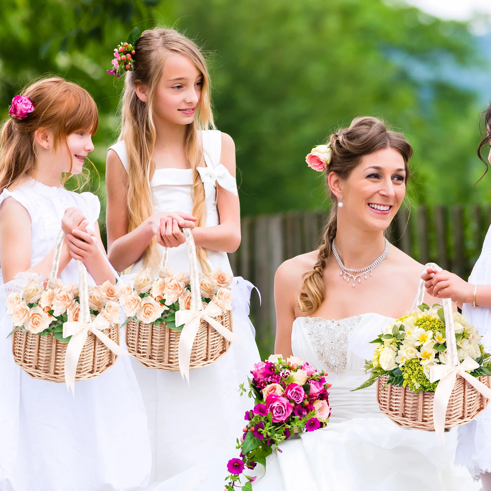 Woven Flower Basket Rattan Storage Basket Flower Girl Hand Basket Handmade Flower Basket with Bow, S