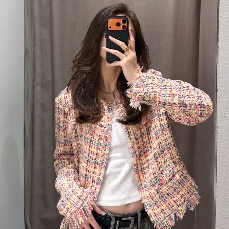 Ladies Pink Yellow Mixed Tweed Crop Coat Raw Edge Fringe Long Sleeve Jacket For Dating Weekend Shopping Outfit