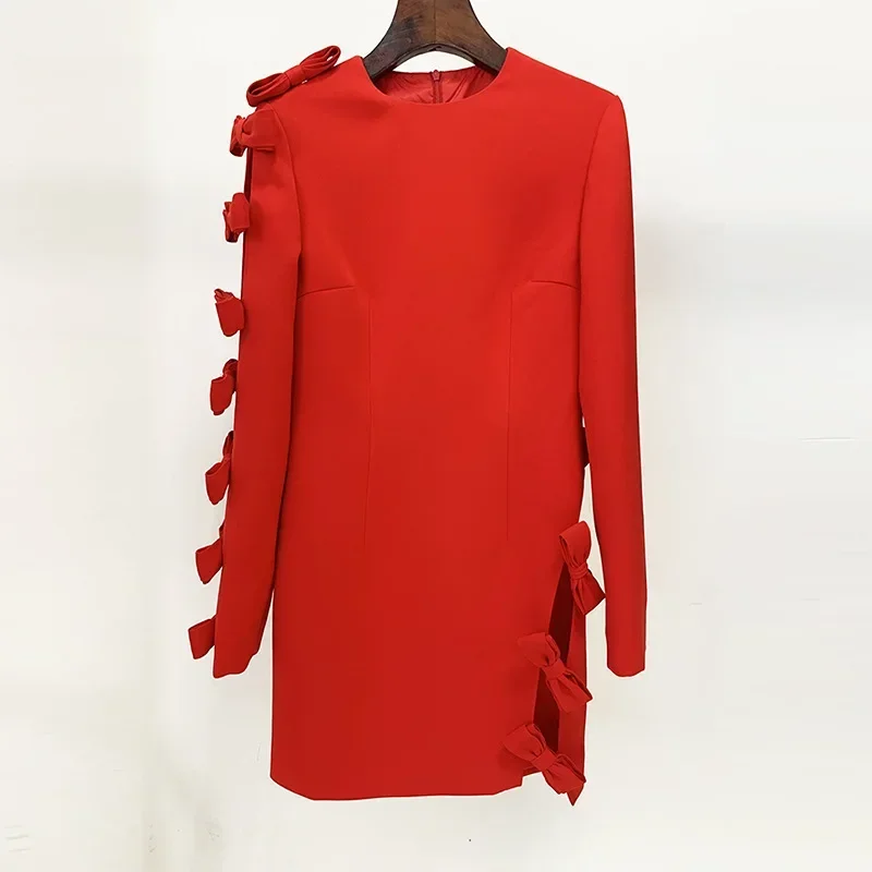 Mini abito da festa con fiocco da donna 2023 autunno nuova moda elegante scava fuori manica lunga rosso nero asimmetria eleganti abiti femminili