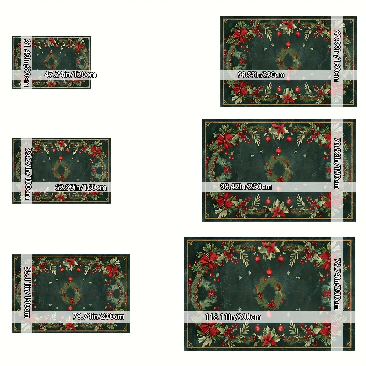 VIKAMA Christmas Holiday Area Rug Dark Green Xmas Wreath Berry Poinsettia Border Print Non‑Slip Washable Bedroom Home Floor Mat