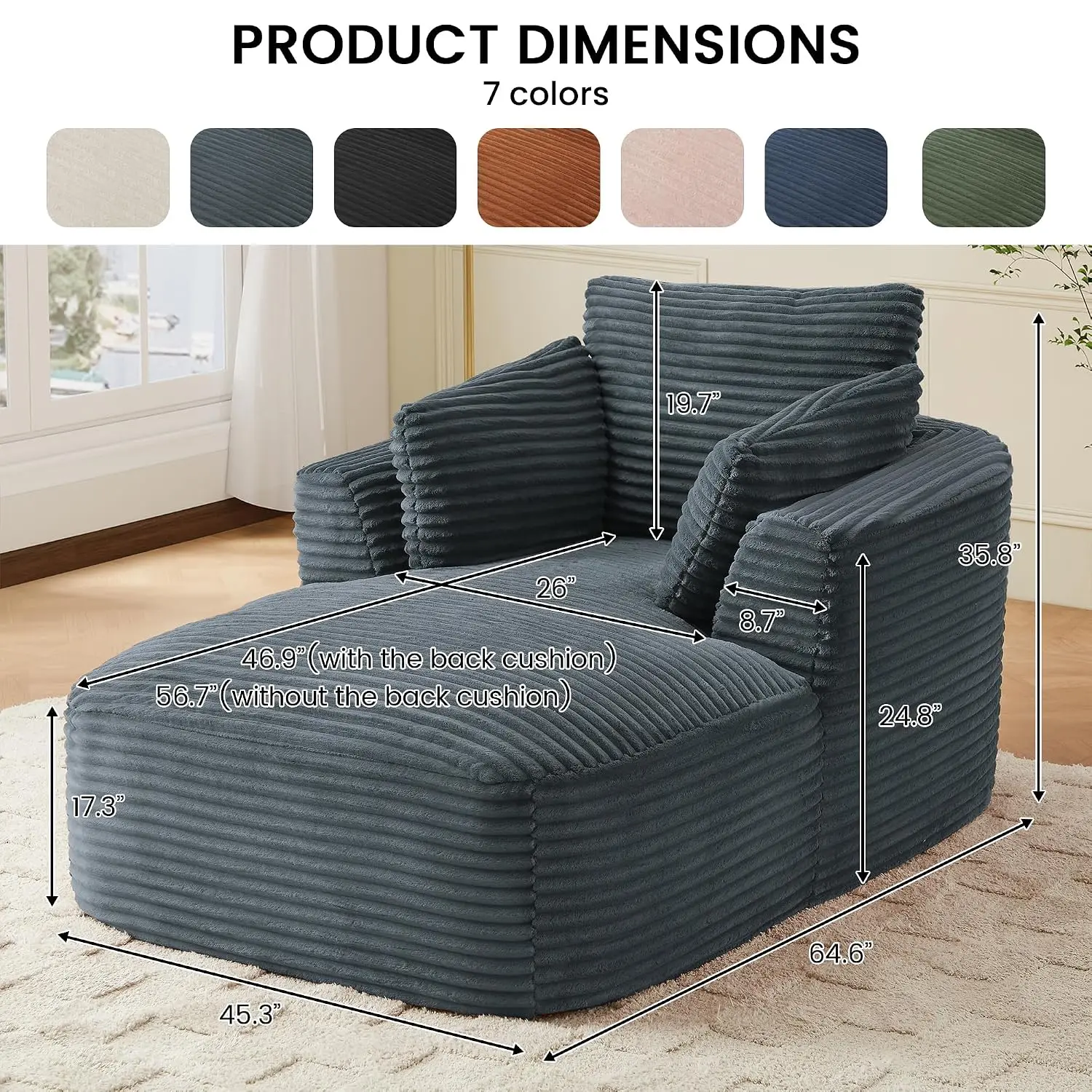Oversized Chaise Lounge, Corduroy Boneless Chair with 3 Pillows, Reading Sofa for Living Room & Bedroom, Dark Grey, Customized