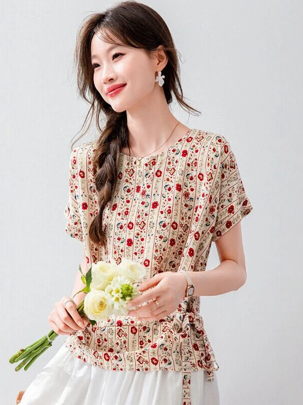 

Floral Waist-Cinching Summer Shirt Women's Gentle Elegance Tied Silk Georgette Short Sleeve Top Versatile for Commuting