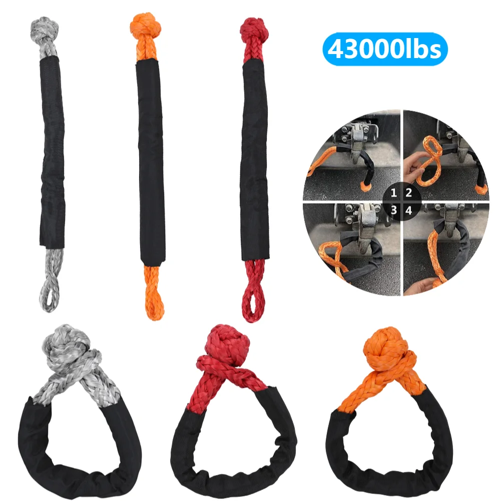 

43000lbs Soft Shackle Synthetic Rope U Hook Winch Rope Knot With Protective Sleeve Tow Trailer Hook for Truck Vehicle Recovery