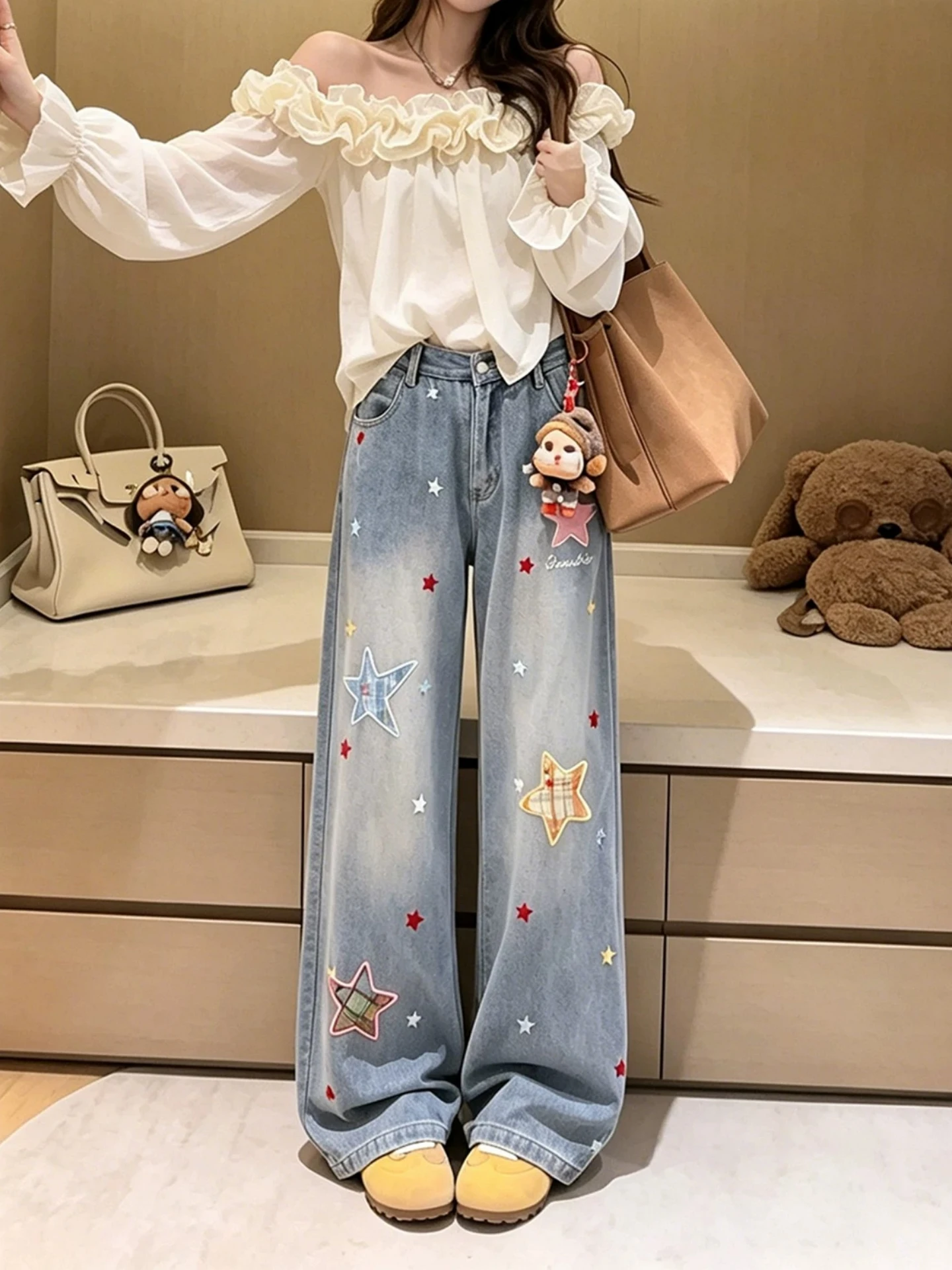 Retro American Washed Star Embroidery Straight Leg Jeans Women Summer Trend Loose High Street Wide Leg Pants Street Micro Flare