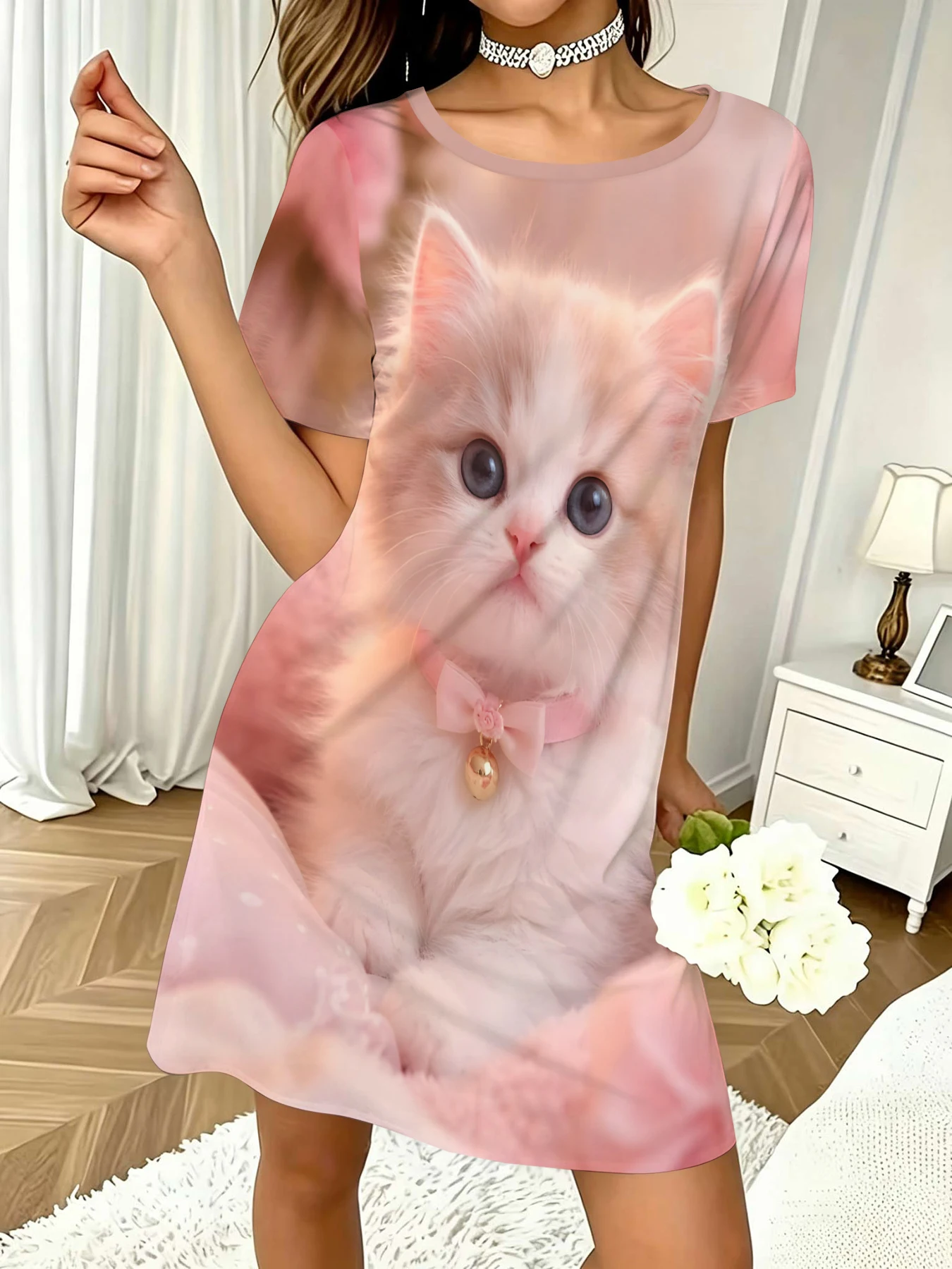 Women's Round-Neck Short-Sleeve Dress in Light Pink Base Color with Bow Tie and Bell, Featuring Realistic Kitten Print, Casual Dress