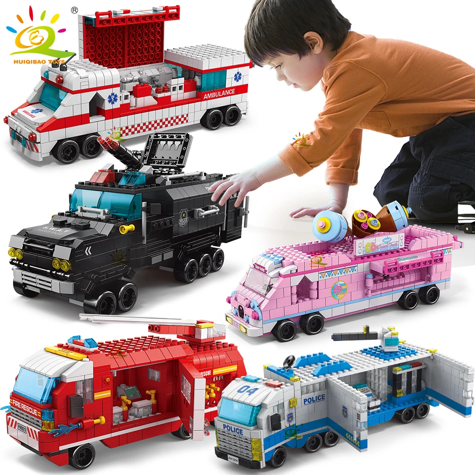 HUIQIBAO 1000PCS Traffic Car Model Building Blocks City Automobile Bus Ambulance Bricks Construction Toy For Children Kids Game